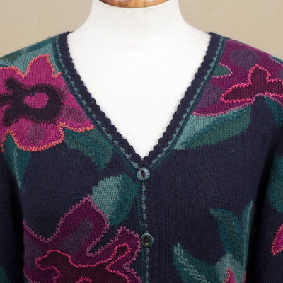 Floral Intarsia Knit Cardigan Sweater in 100% Alpaca - Cusco Flowers in ...