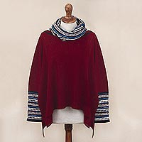 Alpaca blend poncho pullover, 'Festive Red Streamers' - Red Alpaca Blend Knit Pullover with Colorful Accents