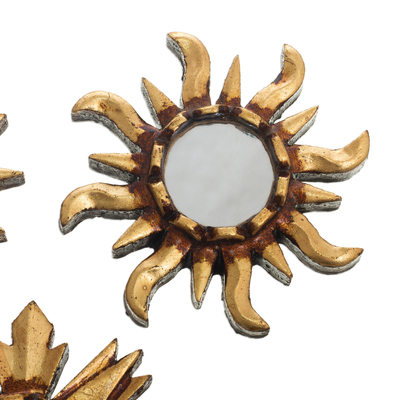 Wandakzente aus gespiegeltem Holz, 'Antike Sonnen in Bronze' (3er-Satz) - Gespiegelte Wandakzente mit Sonnenformen (3er-Satz)