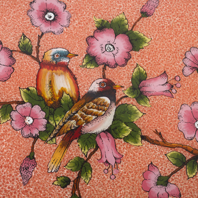 Reverse-painted glass tray, 'Birds of a Feather in Rose' - Reverse Painted Glass and Wood Tray from Peru