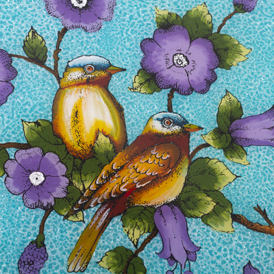 Bandeja de vidrio pintado al revés, 'Birds of a Feather in Blue' - Bandeja de vidrio pintado al revés con motivo de pájaros y flores