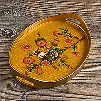 Bird and Flower Themed Reverse Painted Glass Tray,'Birds of a Feather in Gold'
