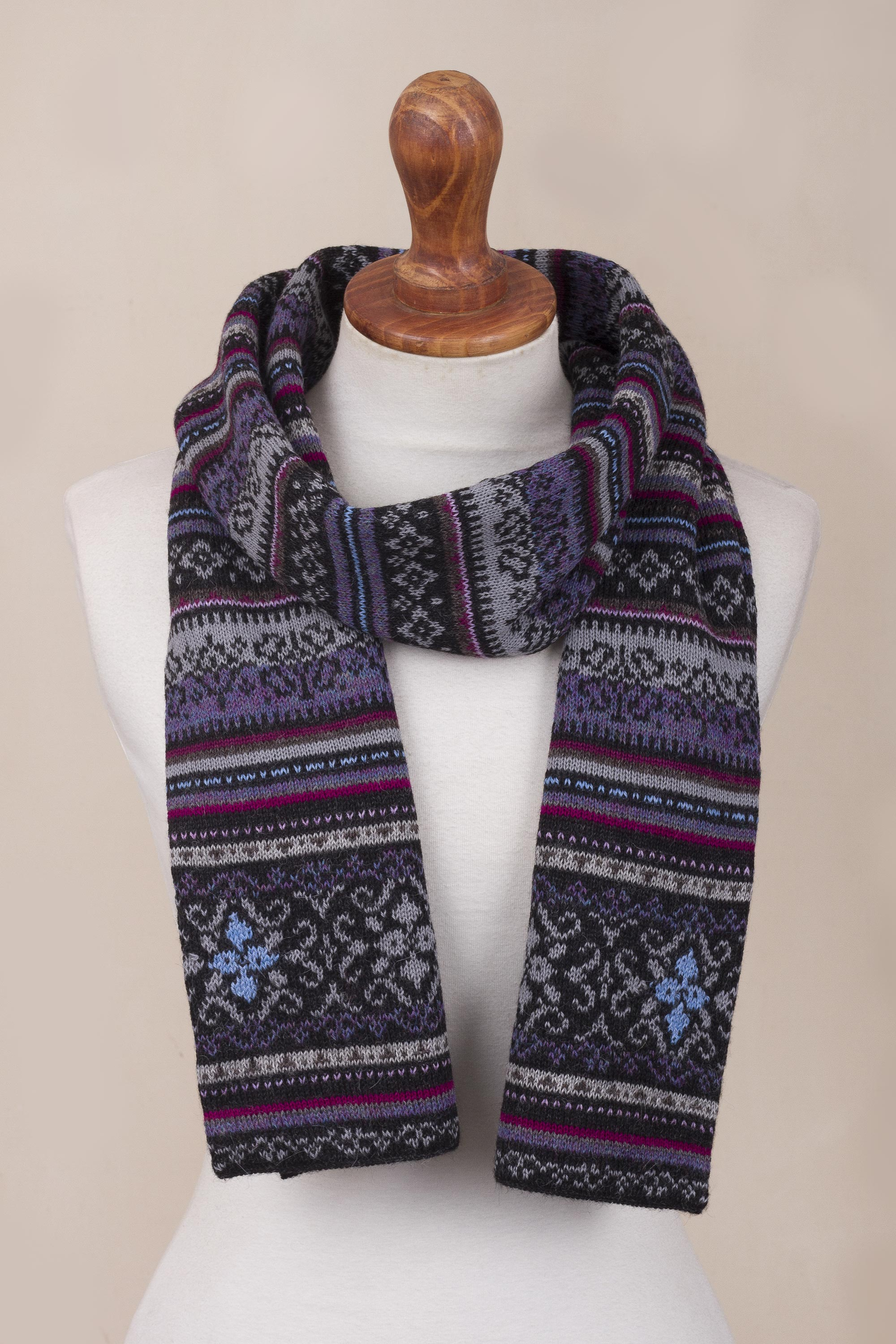 Alpaca Wool Striped Knit Scarf from Peru - Sierra Charcoal | NOVICA