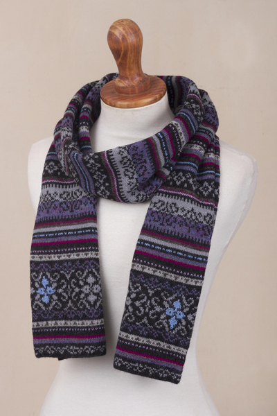 100% alpaca knit scarf, 'Sierra Charcoal' - Alpaca Wool Striped Knit Scarf from Peru