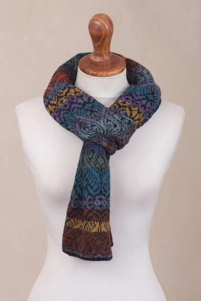 100% alpaca knit scarf, 'Earth and Sky' - Muted Multicolor Alpaca Knit Scarf from Peru