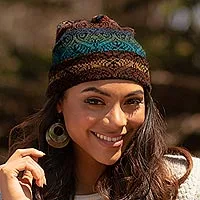 gorro de punto 100% alpaca, 'Tierra y Cielo' - Gorro de punto de alpaca para mujer en multicolor