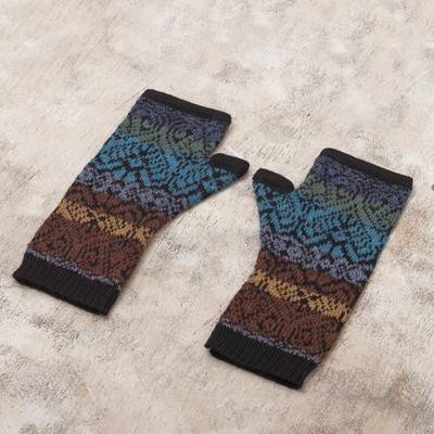 100% alpaca fingerless mitts, 'Earth and Sky' - Inca Inspired Alpaca Knit Fingerless Mitts