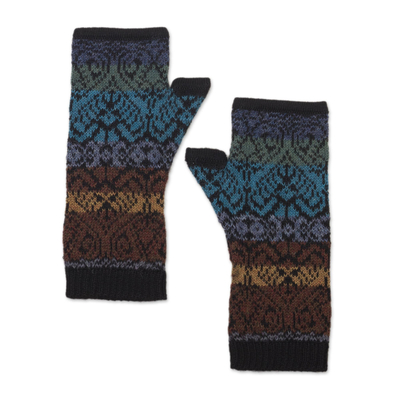 100% alpaca fingerless mitts, 'Earth and Sky' - Inca Inspired Alpaca Knit Fingerless Mitts