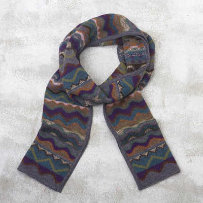 100% alpaca knit scarf, 'Mountain of Seven Colors' - Zigzag Striped Alpaca Wool Scarf from Peru