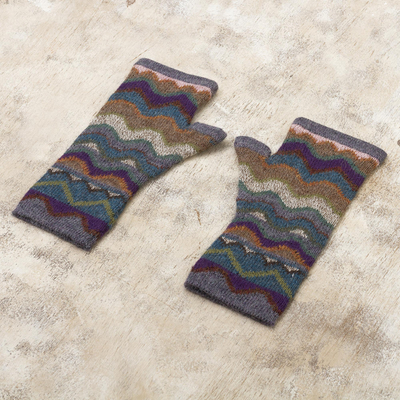 100% alpaca fingerless mitts, 'Mountain of Seven Colors' - Pure Alpaca Wool Multicolored Fingerless Mitts