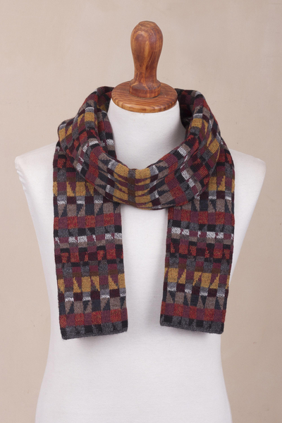 100% alpaca knit scarf, 'Andean Geometry' - Unisex 100% Alpaca Wool Earth Toned Scarf