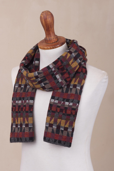 100% alpaca knit scarf, 'Andean Geometry' - Unisex 100% Alpaca Wool Earth Toned Scarf