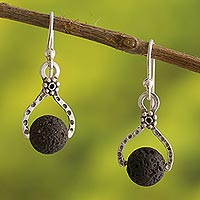 Volcanic stone dangle earrings, 'Textured Floral Equilibrium' - Textured Fine Silver Earrings with Black Volcanic Stone