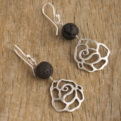 Volcanic stone dangle earrings, 'Black Rose Silhouette' - 950 Silver Rose Earrings with Black Volcanic Stone