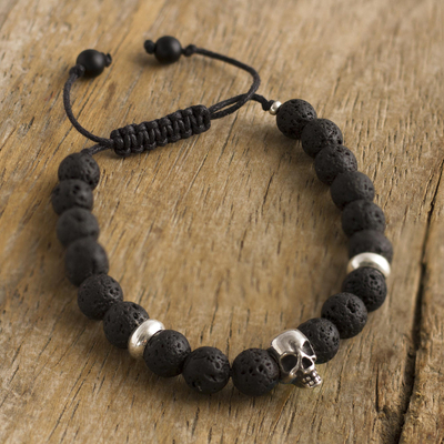 Lava stone and onyx beaded bracelet, 'Skull in Darkness' - Lava Stone and Onyx Beaded Silver Skull Bracelet