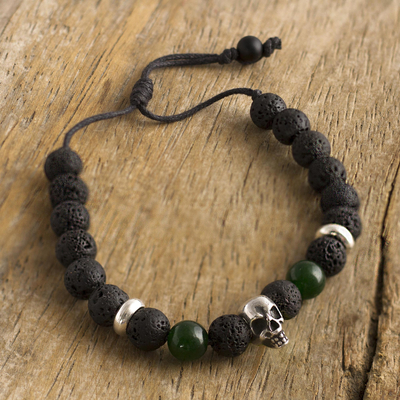Lava stone and onyx beaded bracelet, Skull in the Night