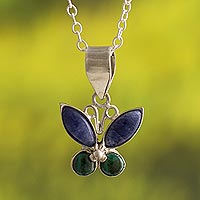 Sodalite and chrysocolla pendant necklace, 'Wings of Nature' - Sodalite and Chrysocolla Butterfly Necklace
