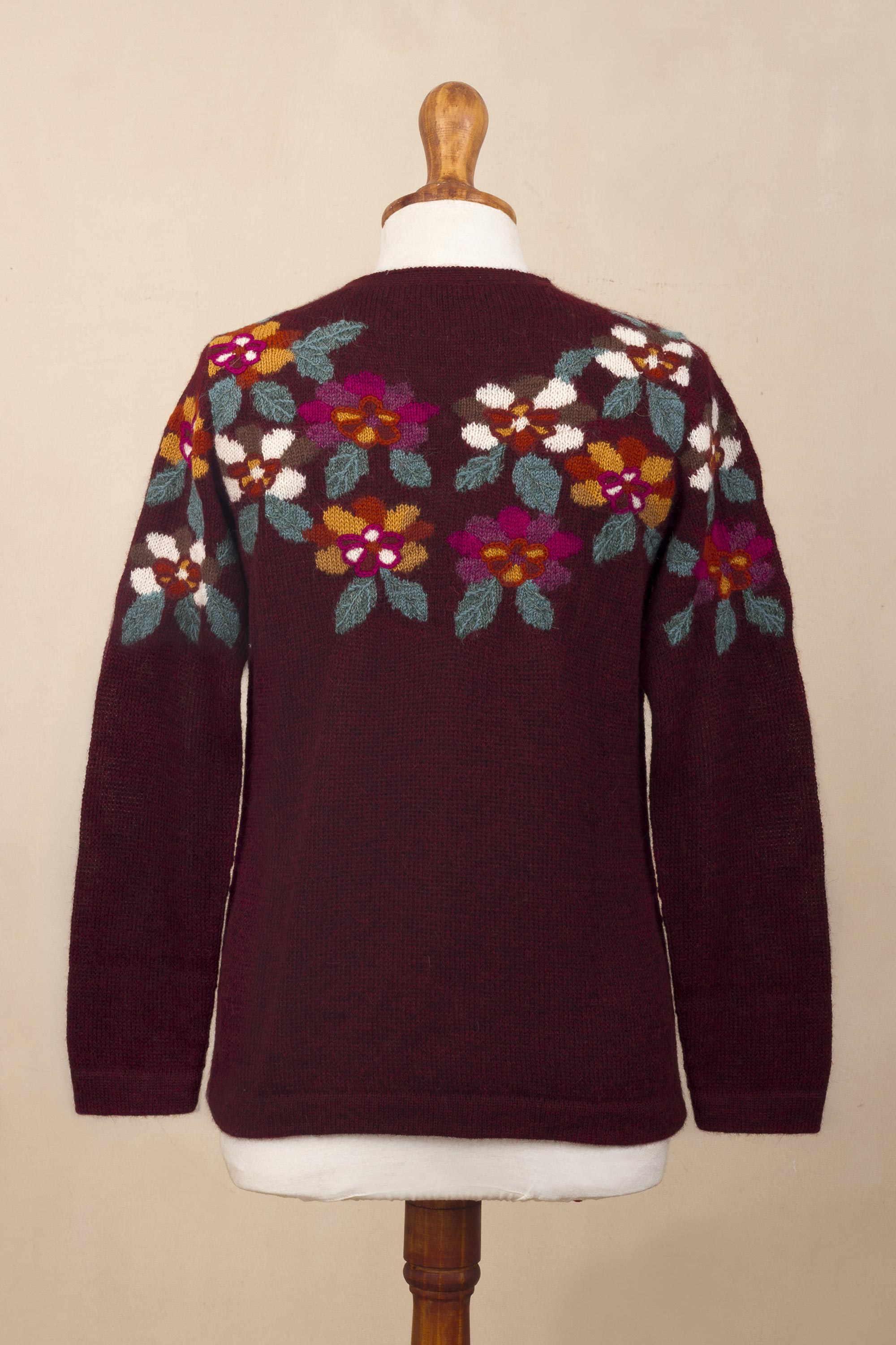 Burgundy Floral Intarsia Knit 100 Alpaca Sweater Burgundy Garden