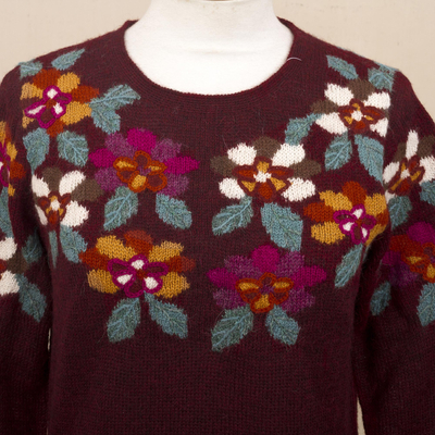 pullover aus 100 % Alpaka - Burgunderfarbener Pullover aus 100 % Alpaka-Strick mit Blumen-Intarsienmuster