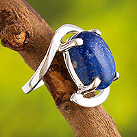 Lapis lazuli cocktail ring, 'Aurora Glow' - Oval Lapis Lazuli Cocktail Ring Crafted in Peru