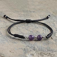 Amethyst pendant bracelet, 'Vibrant' - Amethyst and Silver Pendant Cord Bracelet
