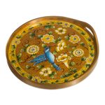 Reverse-painted glass tray, 'Highland Hummingbird in Gold' - Reverse-Painted Glass Tray with Hummingbird