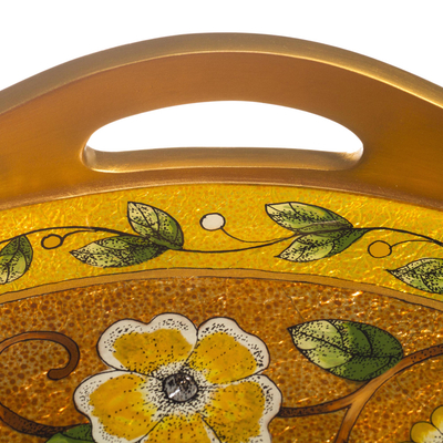 Reverse-painted glass tray, 'Highland Hummingbird in Gold' - Reverse-Painted Glass Tray with Hummingbird