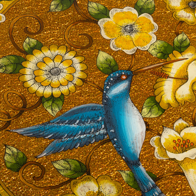 Bandeja de vidrio pintada al revés, 'Highland Hummingbird in Gold' - Bandeja de vidrio pintada al revés con colibrí
