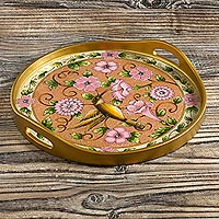 Reverse-painted glass tray, 'Highland Hummingbird in Rose' - Hummingbird Motif Reverse-Painted Glass Tray