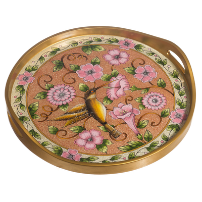 Reverse-painted glass tray, 'Highland Hummingbird in Rose' - Hummingbird Motif Reverse-Painted Glass Tray