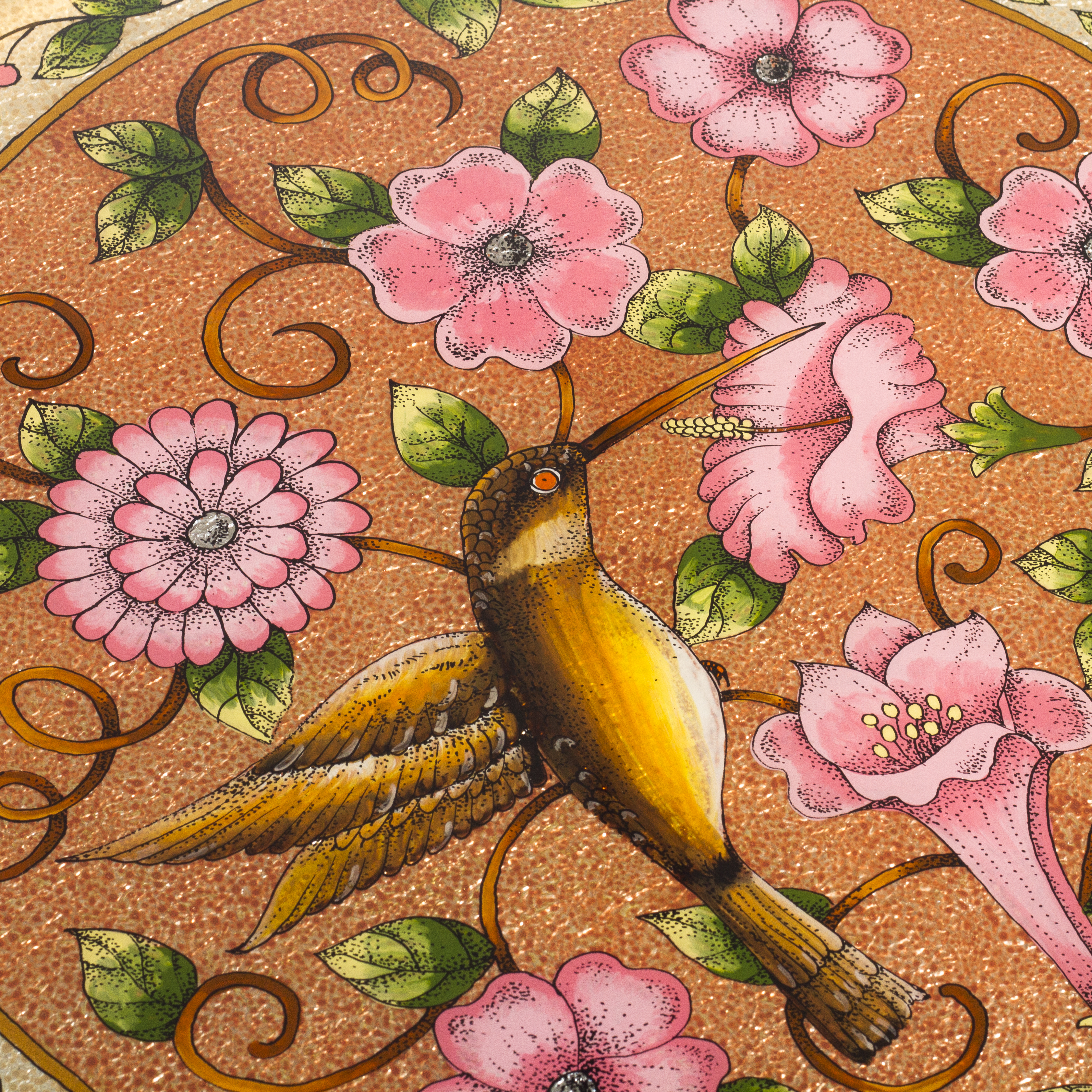 Reverse-painted glass tray, 'Highland Hummingbird in Rose' - Hummingbird Motif Reverse-Painted Glass Tray (image 2c) thumbail