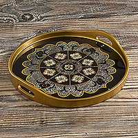 Reverse-painted glass tray, 'Andean Mandala in Black' - Floral Reverse-Painted Glass Mandala Tray from Peru