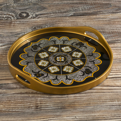 Reverse-painted glass tray, 'Andean Mandala in Black' - Floral Reverse-Painted Glass Mandala Tray from Peru