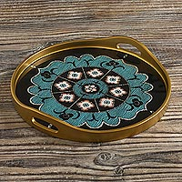 Reverse-painted glass tray, 'Andean Mandala in Aqua'