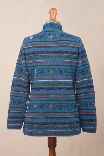 100% baby alpaca cardigan, 'Dream Turquoise' - Peru Turquoise Jacquard Knit Baby Alpaca Cardigan Sweater