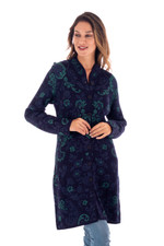 Baby alpaca long cardigan, 'Blue Dream Garden' - Blue Floral Jacquard Knit Alpaca Cardigan