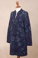 Baby alpaca long cardigan, 'Blue Dream Garden' - Blue Floral Jacquard Knit Alpaca Cardigan