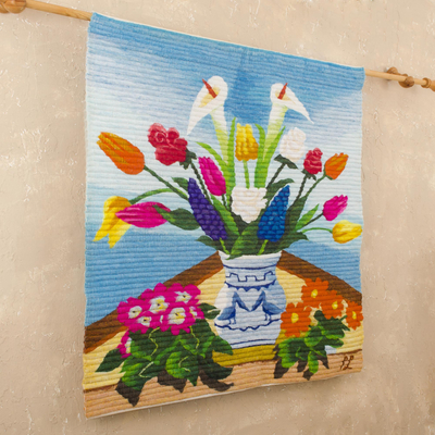 Tapiz de lana - Tapiz de lana con motivos florales de Perú