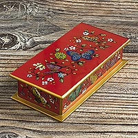 Reverse-painted glass decorative box, 'Butterflies on Scarlet'