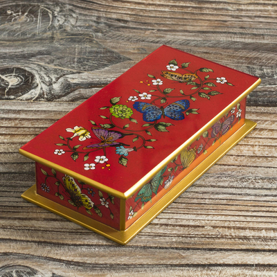 Reverse-painted glass decorative box, 'Butterflies on Scarlet' - Red Butterfly-Themed Reverse-Painted Glass Box