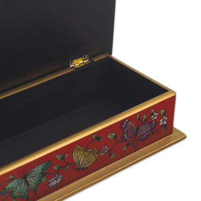 Reverse-painted glass decorative box, 'Butterflies on Scarlet' - Red Butterfly-Themed Reverse-Painted Glass Box