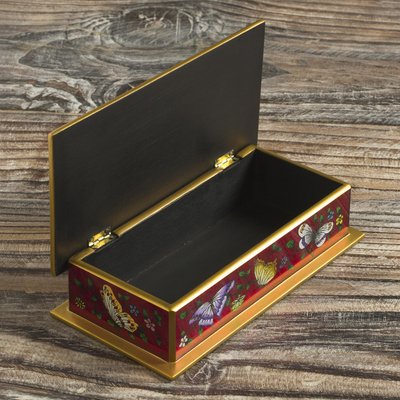 Reverse-painted glass decorative box, 'Butterflies on Burgundy' - Burgundy Reverse-Painted Glass Decorative Box