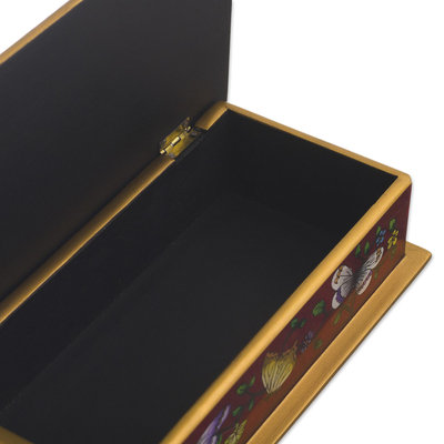 Reverse-painted glass decorative box, 'Butterflies on Burgundy' - Burgundy Reverse-Painted Glass Decorative Box