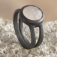 Oxidized Sterling Silver Ring with Rose Quartz,'Contemporary Rose'