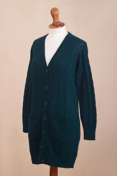 Knit Baby Alpaca Blend Cardigan in Teal - Eminence in Teal | NOVICA