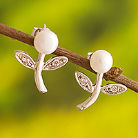 Cultured pearl drop earrings, 'Single Bud' - Floral Drop Earrings with Cultured pearls