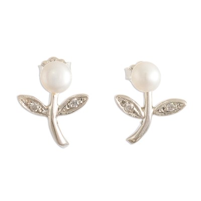 Cultured pearl drop earrings, 'Single Bud' - Floral Drop Earrings with Cultured pearls
