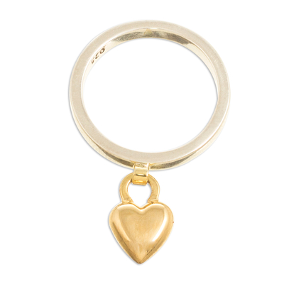Gold accented charm ring, 'Magical Love' - Silver Band Ring with Gold Plated Heart Charm