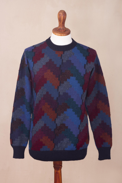 Multicolor Alpaca Men's Geometric Knit Pullover Sweater - Stairway to ...