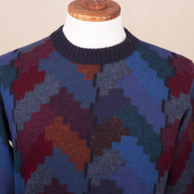 Jersey de hombre 100% alpaca - Suéter de hombre de punto geométrico de alpaca multicolor